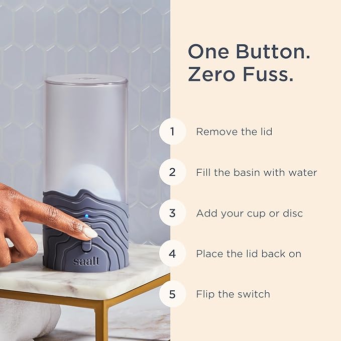 Saalt Menstrual Cup Steamer - Period Cup &amp Disc Sanitizer - Hands-Free Steam Sanitizer- No-Boil Design with Removable Power Cord - Compact &amp Portable - Arctic Mist