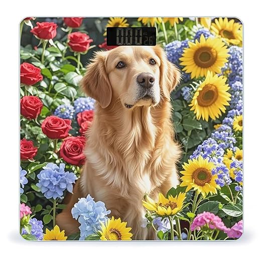 Golden Retriever and Flowers Scale for Body Weight Highly Accurate Digital Bathroom Body Scale Digital Bathroom Scales for People Anti-Slip Large LCD Display Smart Scales