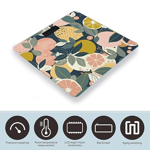 Lemon Citrus Pattern Bathroom Scale for Body Weight Bathroom Weighing Scale with Backlit LCD Display Highly Accurate Measures Weight Up to 180kg