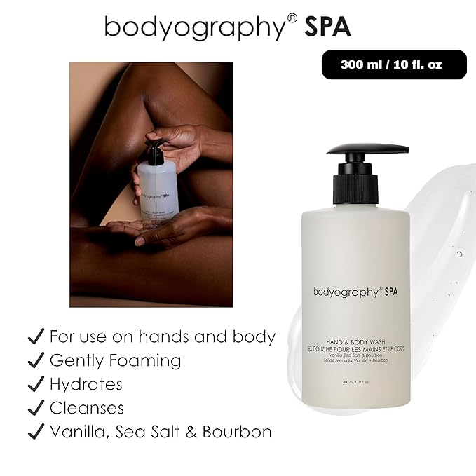 Bodyography Spa Hand &amp Body Wash Vanilla Sea Salt &amp Bourbon Fragrance 10 oz | Luxurious Vegan Cleanser &amp Bubble Bath | Hydrating Paraben-Free Gluten-Free Daily Body Care