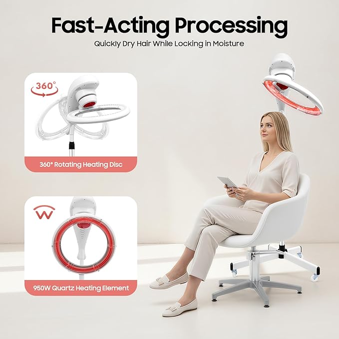 Professional Infrared Hair Color Processor with 360° Rotating Heat – Adjustable Standing Hair Dryer for Salon &amp Home Use 950W Fast Heating 61.81-70.08 Inch Height Range White (110V US Plug)