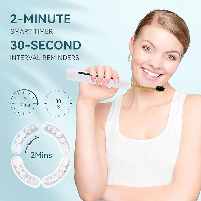 Bamboo Electric Toothbrush for Adults丨Rechargeable Electric Toothbrush with 3 Non Toxic Charcoal Infused Bamboo Brush Heads 5 Cleaning Modes 60 Days Battery Life IPX7 Waterproof-White