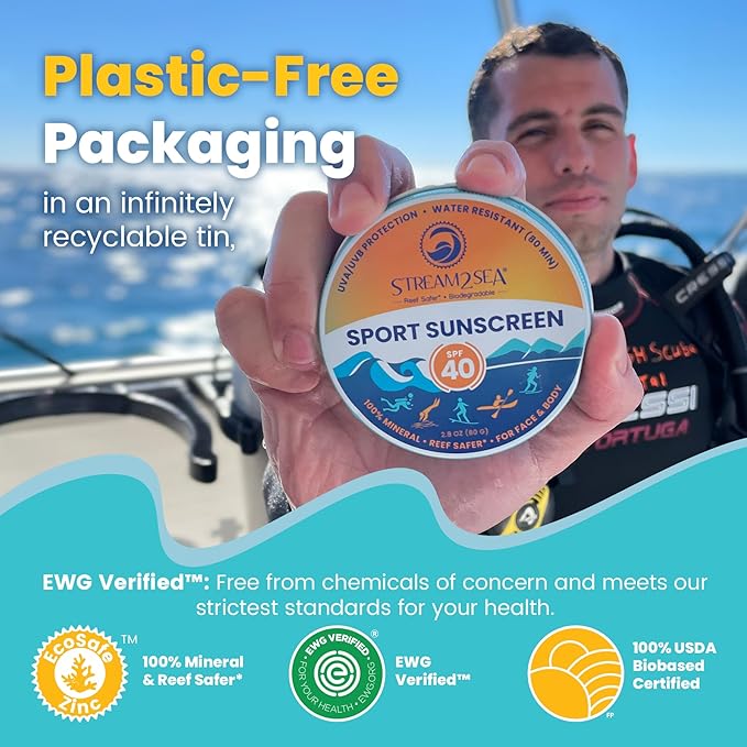 STREAM2SEA SPF40 Unscented Mineral Sport Sunscreen in Tin with EcoSafe Zinc for Face &amp Body Natural Organic Biodegradable Coral Reef Safe Sunscreen Travel Size Mineral Based 2 Pack
