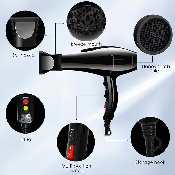 Professional Hair Dryer Blow Dryer Negative Ions 3500W Powerful Fast Drying Low Noise Long Cord Quick Dryer with Nozzle and Diffuser Hair Blow Dryer with 2 Speed and 3 Heat Settings