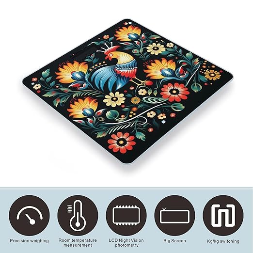 Polish Folk Art Pattern Weight Scale Large Bathroom Scales Digital Weight with Bright LED Display Non Slip Automatic Weighing Scale Fashion Weighing Machine for Body
