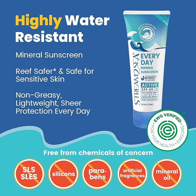 SPF 45 Every Day Active Mineral Sunscreen | 2.5 Fl Oz Biodegradable &amp Reef Safe Sunscreen for Face &amp Body | Non-Greasy Lightweight &amp Sheer Mineral Protection Against UVA &amp UVB by Stre