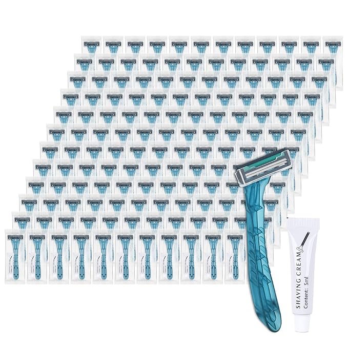 Disposable Razors Bulk Blue Razors Individually Wrapped Bulk With Shaving Cream For Hotels Shelters Homeless Nursing Homes Charities Churches (100-PACK)