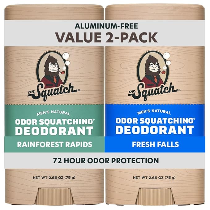 Dr. Squatch Natural Men’s Deodorant – Aluminum Free Natural Deodorant Men with Charcoal &amp Postbiotics for 72-Hour Odor Protection – Rainforest Rapids + Fresh Falls 2.65oz Stick (2-Pack)