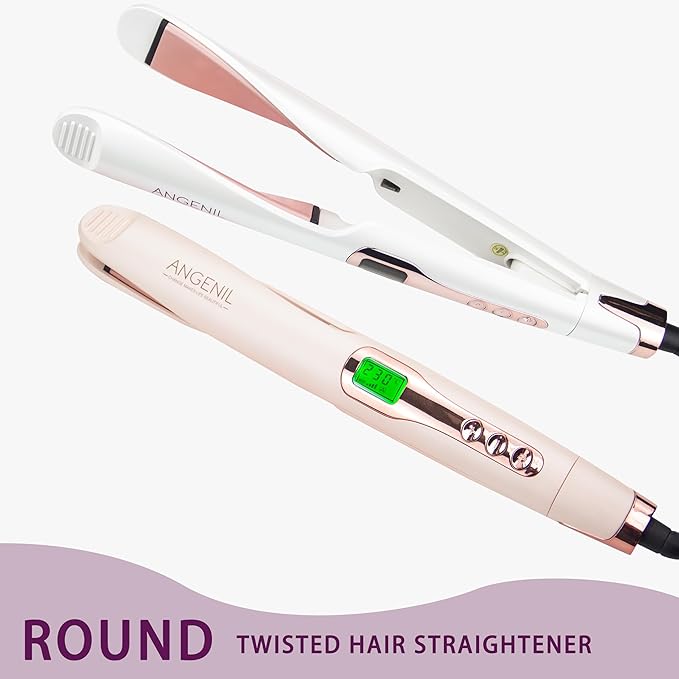 ANGENIL Pro Tourmaline Ceramic Twist Hair Straightener Dual Voltage Flat Iron Curling Iron in One Round Flat Iron with Silicone Heat Resistant Mat LCD Display 11 Adjustable Temp 20S Fast Heating
