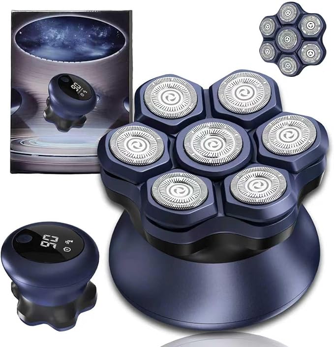 Upgraded 7D Head shavers for Bald MenBald Head Electric RazorsWaterproof Dry Wet Rotary Shavers/Razor for Balder with an Extra agnetic Head（Blue）