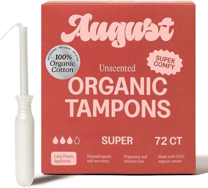 August Super Tampons - 72-Pack 100% Organic Cotton Tampons for Women and Anyone Who Menstruates Non-Toxic Fragrance-Free and Hypoallergenic with Long Applicators (3 Boxes of 24)
