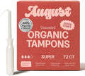 August Super Tampons - 72-Pack 100% Organic Cotton Tampons for Women and Anyone Who Menstruates Non-Toxic Fragrance-Free and Hypoallergenic with Long Applicators (3 Boxes of 24)