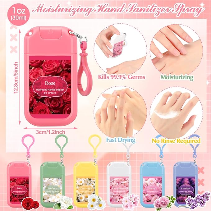 Frienda 24 Pcs Mini Hand Sanitizer Spray Bulk with Keychain Scented Hydrating Hand Sanitizer Spray Travel Size 1 Fl oz for Travel Backpack Employee Nurse(Floral Scented)
