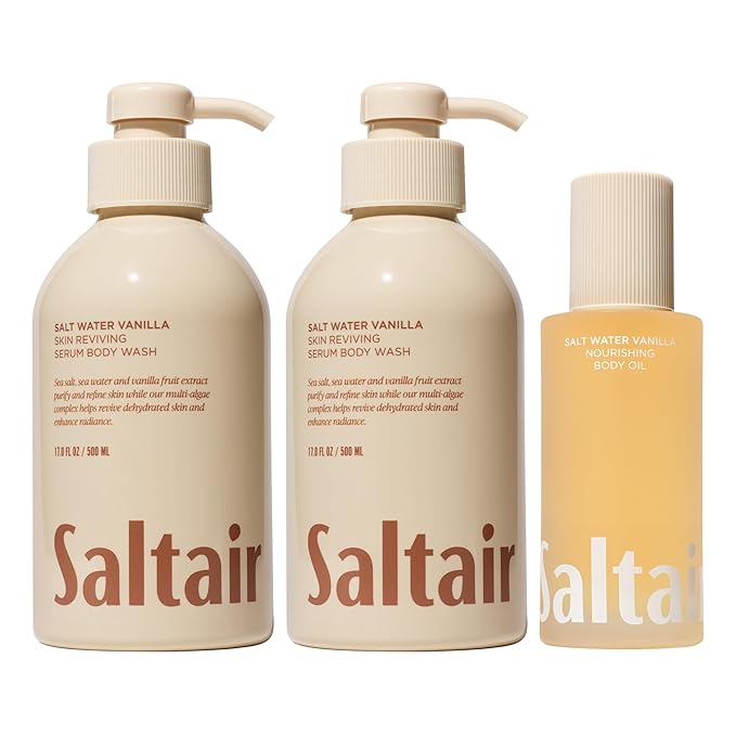 Saltair Body Oil and 2-Pack Body Wash Set – Moisturizing Cleanser and After-Shower Skincare Duo – Salt Water Vanilla Scent