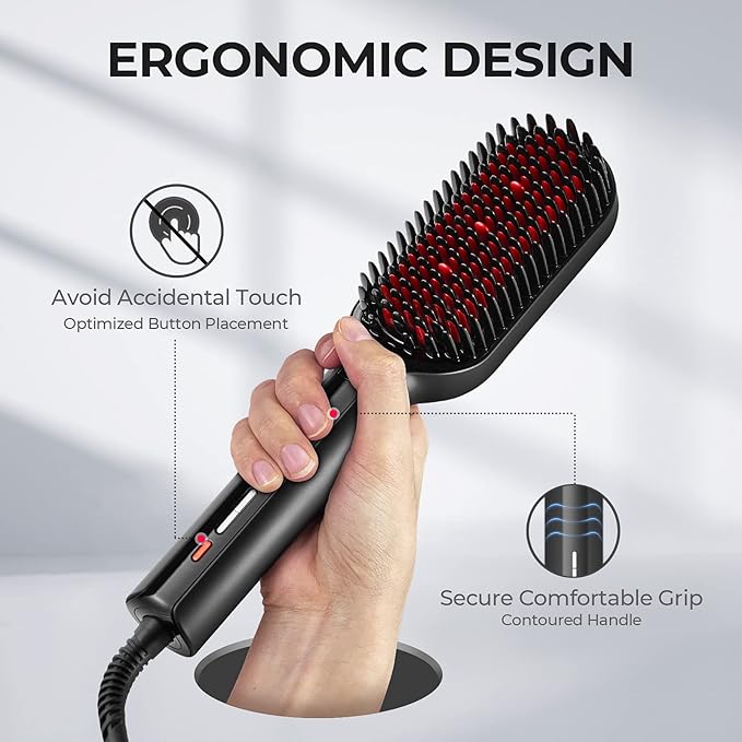 TYMO Hair Straightener Brush - Upgraded Ionic Plus Straightening Brush with Dense Bristles 16 Temps Dual Voltage | Ceramic Hot Comb for Women | Flat Iron for Thick Curly Hair Black