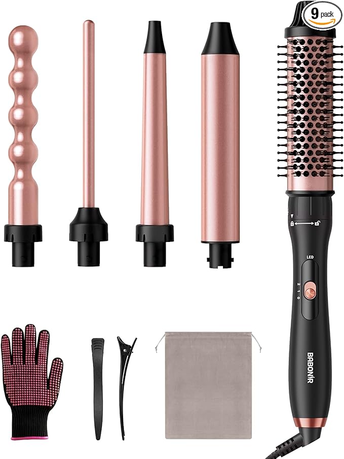 5 in 1 Curling Wand Set Multi Hair Styler with Thermal Curling Brush and 4 Interchangeable Ceramic Curling Wand (0.35-1.25) Glove Clips Dual Voltage Hair Wand Curling Iron Gifts for Women