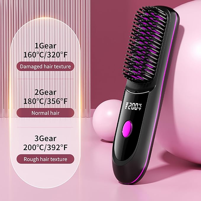 Go Brush Pro Hair Straightener Portable Go Brush Pro Cordless Hair Straightener Comb 3 Temperature Control Settings Rechargeable for Travel and Everyday Use (White)