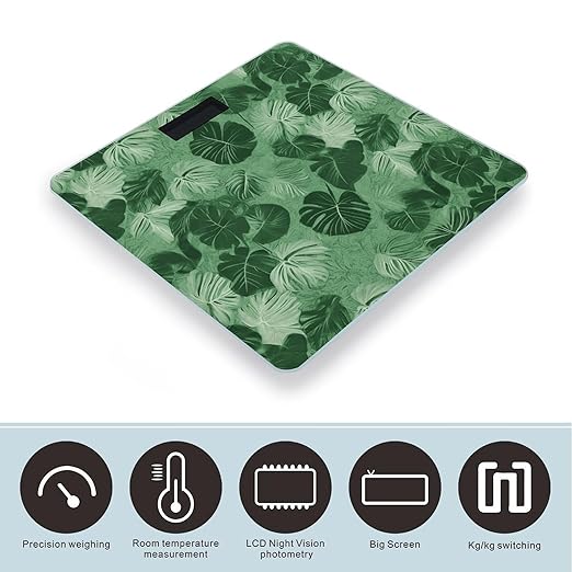 Green Tropical Leaves Scale for Body Weight Highly Accurate Digital Bathroom Scale Sturdy Tempered Glass Weighing Scales with LCD Display Fashion Body Fat Smart Scales 400lb