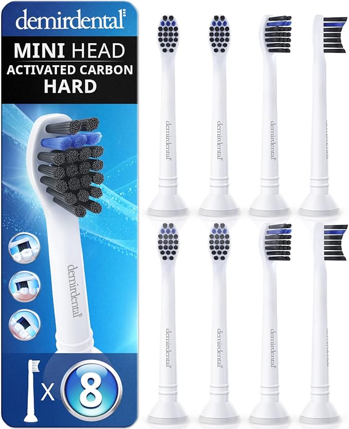 demirdental Charcoal Mini Hard Replacement Brush Heads Compatible with Philips Sonicare – Small Hard Brush Precision Cleaning - White - Replaces HX4088 – 8 Pack