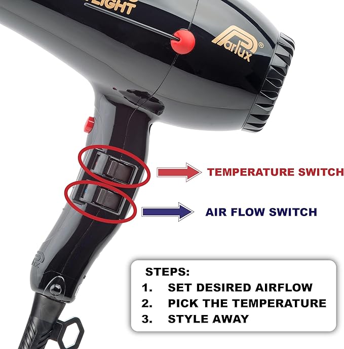 Parlux 385 Black Powerlight Ionic &amp Ceramic Hair Dryer + M Hair Designs Metal Mesh Diffuser (Bundle) – Lightweight Fast-Drying Frizz-Control Blow Dryer for Salon-Quality Styling