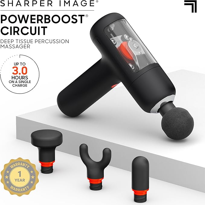 Sharper Image PowerBoost Circuit Massage Gun| Deep Tissue Percussion Massager with 6 Speeds| 4 Attachments| Quiet Brushless Motor| Cordless Muscle Recovery Tool with Carry Case