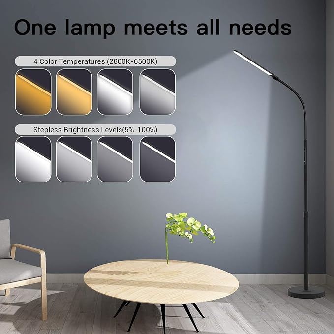 NXONE Led Floor LampModern Reading Adjustable Standing Height 4 Colors and Stepless Brightness Work Lamp for Living Room Bedroom Reading Black