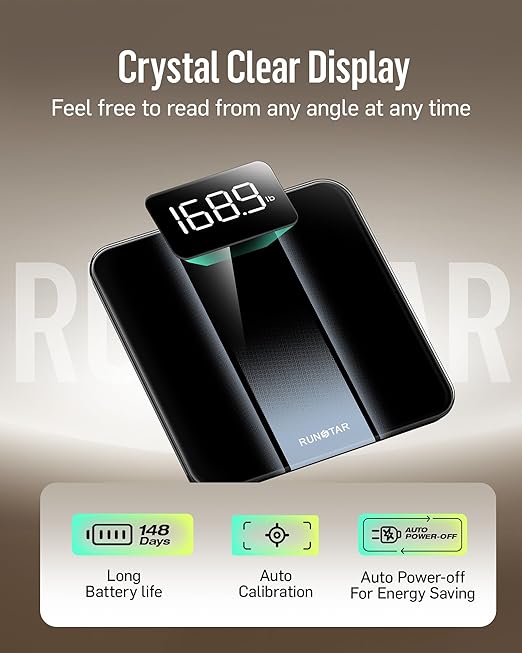 RunStar Digital Bathroom Scale for Body Weight with High Precision Clear LED Backlight Display Accurate Scale with 6mm Tempered Glass 400lb Silver