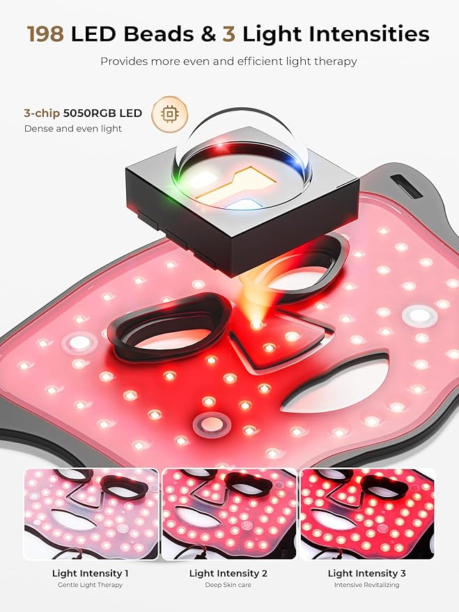LED Light Therapy mask (E106A) for Face LED Light Therapy Mask with Adjustable Brightness and Timer Soft Silicone Red Light Therapy Mask for Home &amp Travel Black