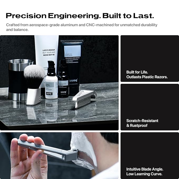 HYPE X1 Single Edge Aluminum Safety Razor Full Set - Ergonomic V-Shaped Design with 3 Customizeble Shave Settings 20 Non-Proprietary Blades Shaving Brush &amp Stand - Silver