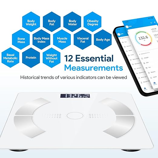Smart Scale for Body Weight Bathroom Digital Weighing Scale with BMI Body Fat Muscle Mass Accurate Bluetooth Home User Health Equipment Sync Apps【White】