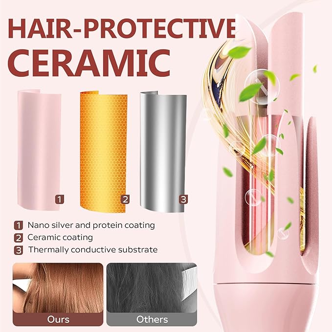 Automatic Rotating Curling Iron with 3 Temperature Fast Heating Auto Hair Curler with Timer Settings Anti-Tangle Automatic Shut-Off and Scalding for Hair Styling Pink