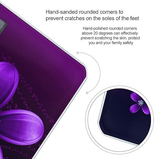 Purple Flower Scale for Body Weight Anti-Slip Digital Bathroom Scale Sturdy Toughened Glass Weighing Scales High Precision Safe Rounded Corners Smart Scales