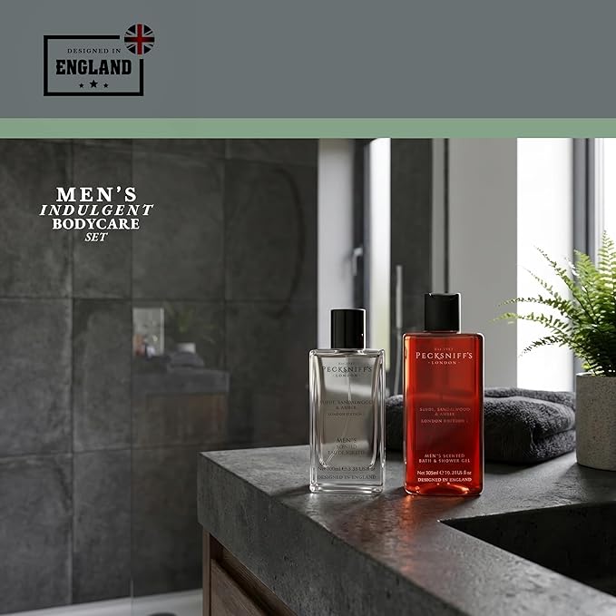 Pecksniff’s Men’s London Edition Fragrance Duo Gift Set – Suede Sandalwood &amp Amber Eau de Toilette 100ml &amp Bath &amp Shower Gel 300ml