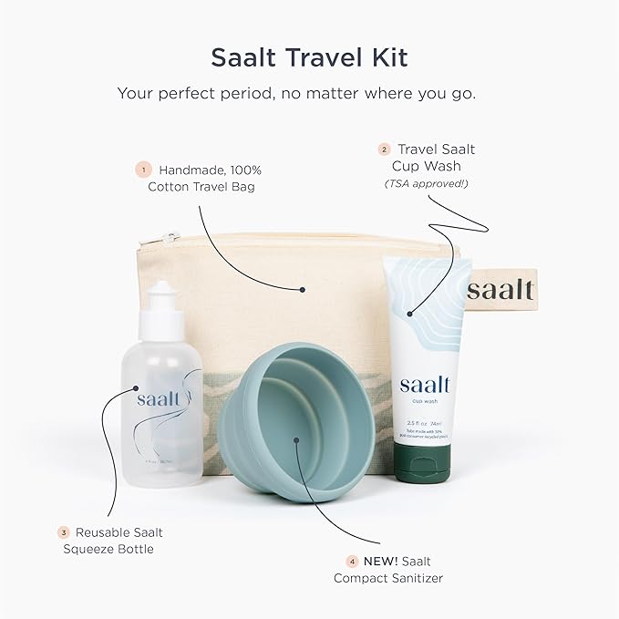 Saalt Travel Kit - Easy Cleaning for Public Restroom School or Travel with a Menstrual Cup or Menstrual Disc - Reusable Travel Bag Wash Squeeze Bottle Compact Sanitizer