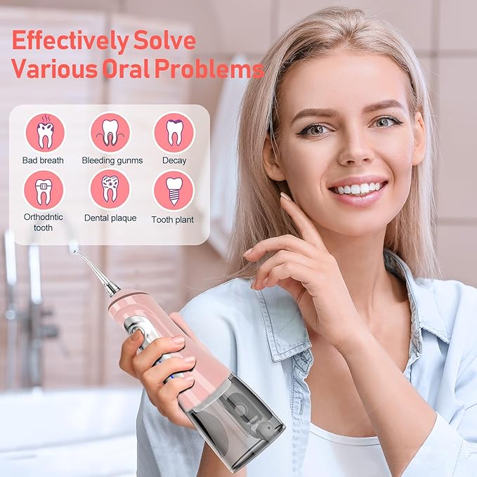NBGRLVS Water Dental Picks for Teeth Cleaning6 Modes 6 Tips and Storage Case Water Dental Flossers Cordless 320ML IPX 7 Waterproof Rechargeable Portable Electric Dental flosser for Trave Home (Pink)