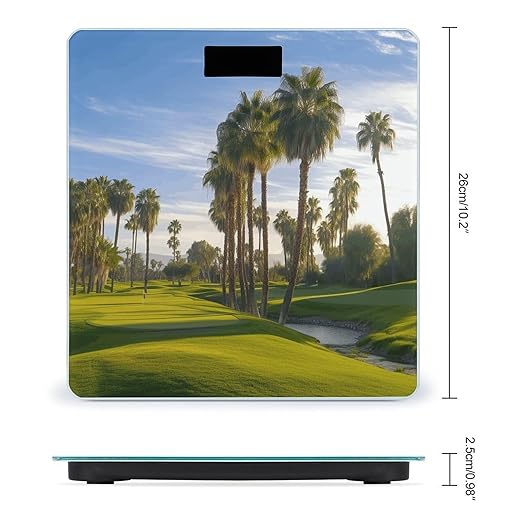 Palm Tree Golf Course Scale for Body Weight Anti-Slip Tempered Glass Digital Bathroom Scales Clear LCD Display Weighing Scale Safe Rounded Corners Smart Scales