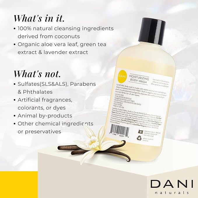 DANI Naturals Body Wash - Warm Sandalwood Vanilla Scent with Organic Aloe Vera &amp Natural Glycerin - Sulfate &amp Paraben-Free Shower Gel - For Men &amp Women - 12 oz - Vegan &amp Cruelty-Free