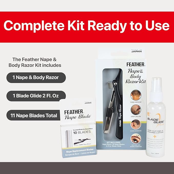 Feather - Nape and Body Razor Kit – Professional Use Hair Cutting Tool - Includes Nape Razor 10 Nape Blades &amp 2 oz Blade Glide – Ideal for Nape Sideburns Eyebrows and Bikini Line – Made in Jap