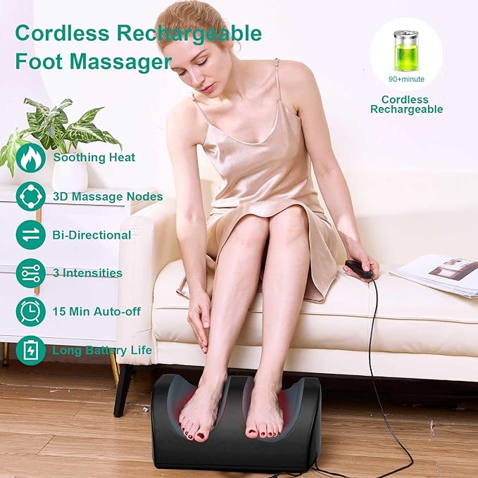 LINGTENG Rechargeable Cordless Foot Massager with Heat Shiatsu Foot Massager with Cord Remote Control and Roller Massage Portable for Home/Office Use Dad Mom Gifts - It Won't Work While Charging