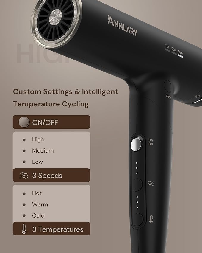 ANNLARY Plasma Ion Hair Dryer with Diffuser for Curly Hair 110000 RPM Professional High Speed Blow Dryer with Plasma Ion 1500W Foldable Travel Hairdryer with 6.5 Ft Cord Fast Drying for Women Men