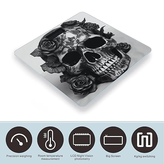 Black Skull Rose Scale for Body Weight Highly Accurate Digital Bathroom Scale Sturdy Tempered Glass Weighing Scales with LCD Display Fashion Body Fat Smart Scales 400lb
