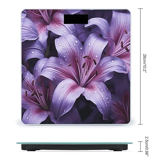 Purple Lily Flowers Scale for Body Weight Anti-Slip Digital Bathroom Scale Sturdy Toughened Glass Weighing Scales High Precision Safe Rounded Corners Smart Scales