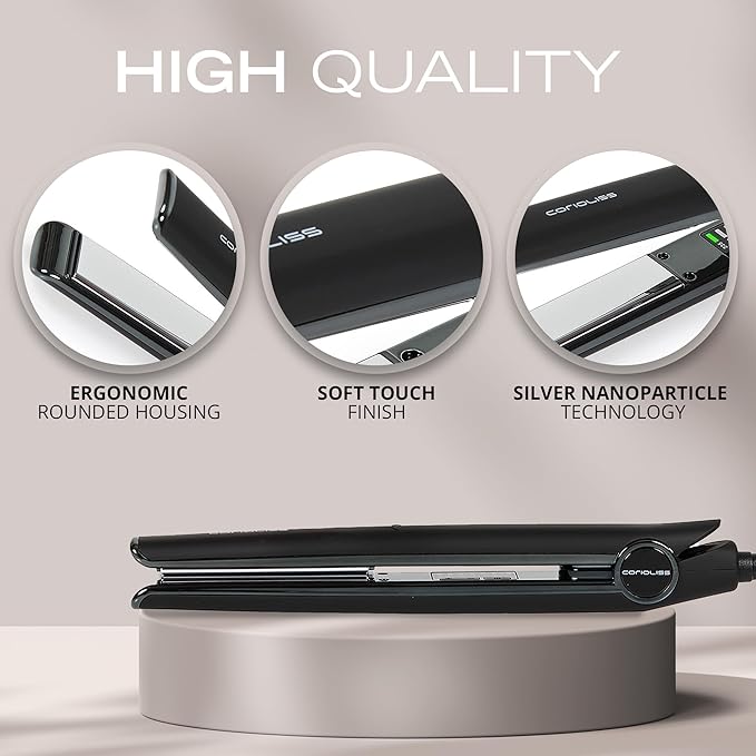 Corioliss C1 Flat Iron Hair Straightener Professional Titanium Plates Temperature Control Travel Case (Black Soft Touch Chrome)
