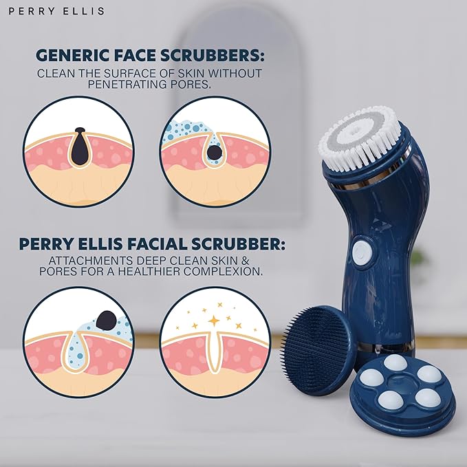Perry Ellis 4-in-1 Cordless Massage and Cleansing Set with 4 Brush Heads Exfoliating Face Scrubber with Massager Rotating Scrub Brush Facial Skincare Products Carrying Case for Travel Included