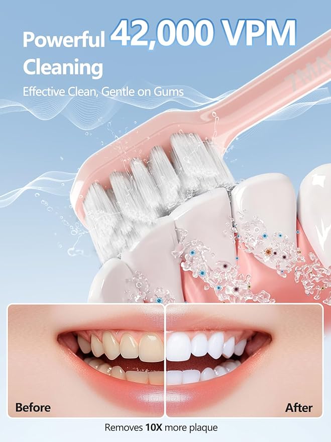 7MAGIC Sonic Electric Toothbrush for Adults and Kids - Up to 180 Days Runtime 42000 VPM Powered Toothbrush 5 Modes &amp 3 Intensities for Sensitive Teeth &amp Braces Includes 8 Brush Heads Pink