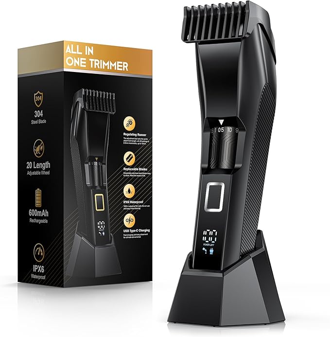 Men's Beard Trimmer-All-in-One Mustache Trimmer with 20 Length Adjustable Stainless Steel T-Blade for Precision Facial Hair Trimming Cordless IPX7 Waterproof Wet/Dry ClipperLED Display
