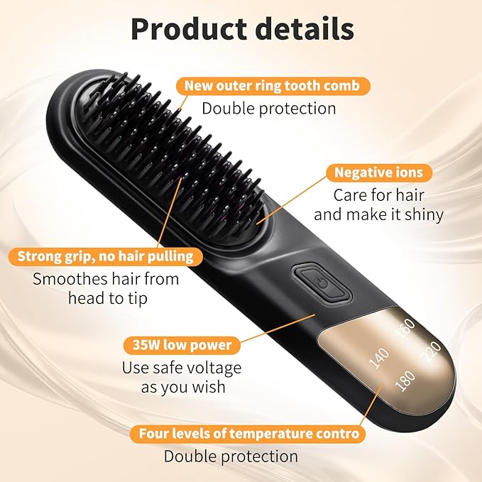 Go Brush Pro 3-in-1 Cordless Negative Ion Hair Straightener &amp Curle &amp Comb 4 Temps Intelligent Control Fast Heating MCH Ceramic Coating Anti-scalding Comb Teeth Smoothes Frizz