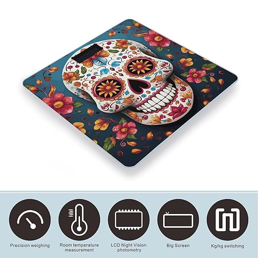 Colorful Sugar Skull Bathroom Scale for Body Weight Bathroom Digital Electronic Weighing Scale with Back Lit LED Display Sturdy Tempered Glass Weight Watchers Scales 400lb