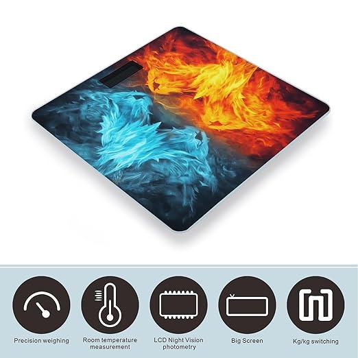 Fire Vs Ice Art Bathroom Scale Large LCD Backlight Display Digital Scale Rounded Corners Body Scales Automatic Power On/Off Bathroom Scales for Home Bedrooms