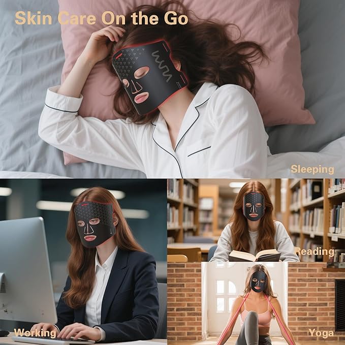 VYM Red Light Therapy for Face: High-Energy Super Lightweight 292 LEDs Cordless Professional Light Therapy Mask Infrared LED Face Mask at Home Travel 2mm Thickness - Black